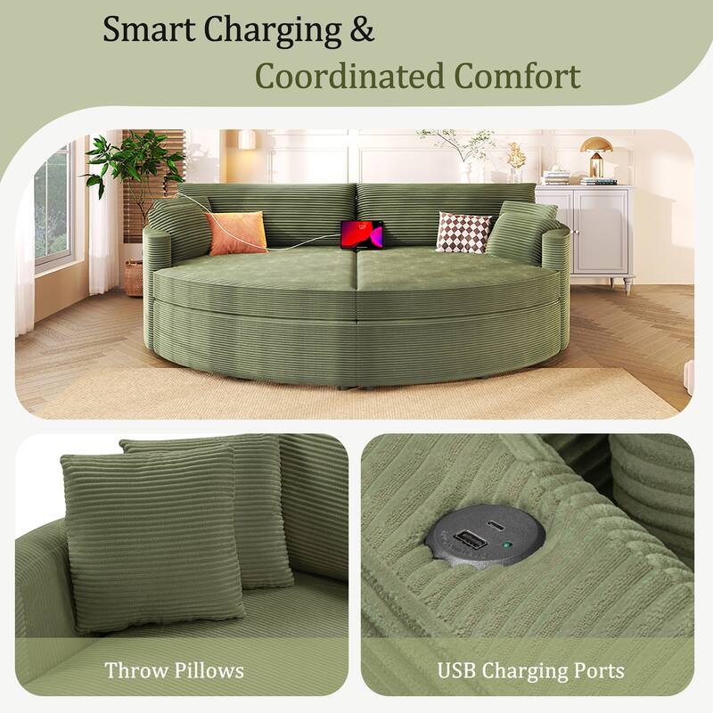 102.3" Oversized Double Chaise Lounge Sofa, Corduroy Upholstered Sleeper Sofa Bed 2 Seat Sofa Loveseat with USB Ports