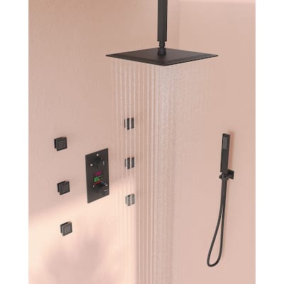 GRANDJOY Thermostatic Shower System Rainfall 12" Ceiling Mount Shower Faucet Digital Display Body Jets Handheld Shower Head