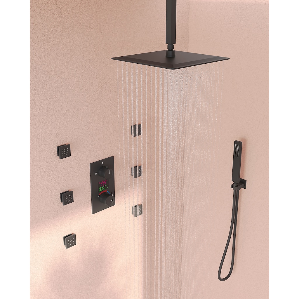 GRANDJOY Thermostatic Shower System Rainfall 12" Ceiling Mount Shower Faucet Digital Display Body Jets Handheld Shower Head