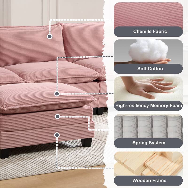 Oversized Modular Sectional Sofa with Ottoman, 102 Inch 4 Seat Corduroy L Shaped Couch for Living Room