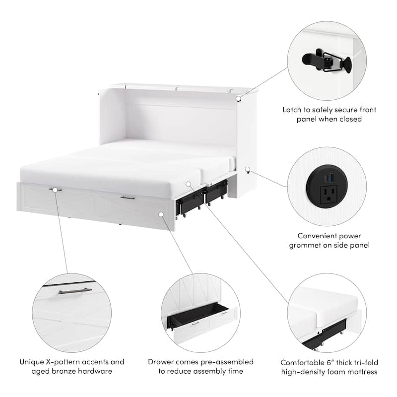 Bestar Key West 65W Queen Murphy Cabinet Bed with Drawer and Mattress