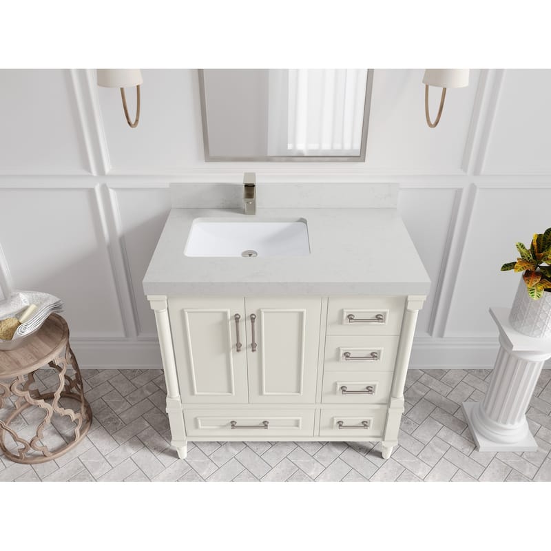 Willow Collections 36 in. W x 22 in. D Aberdeen Left Offset Sink Bathroom Vanity with Countertop - 2" Carrara Quartz - Ivory