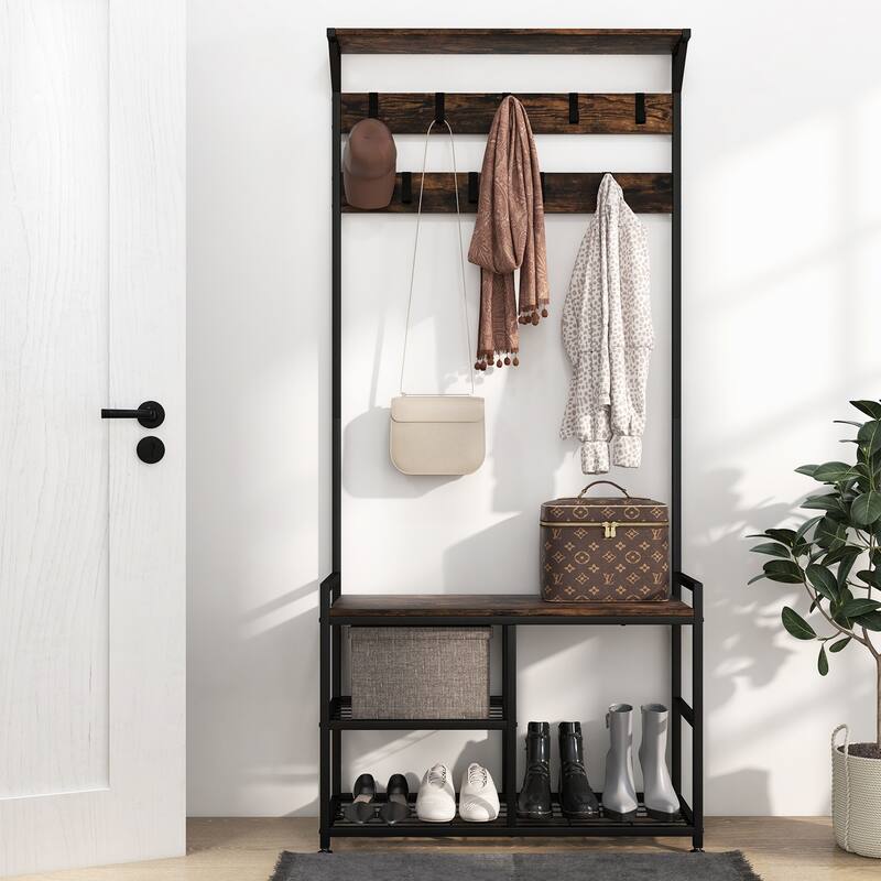 Costway 3-in-1 Coat Rack Industrial Hall Tree Shoe Bench Entryway - See Details