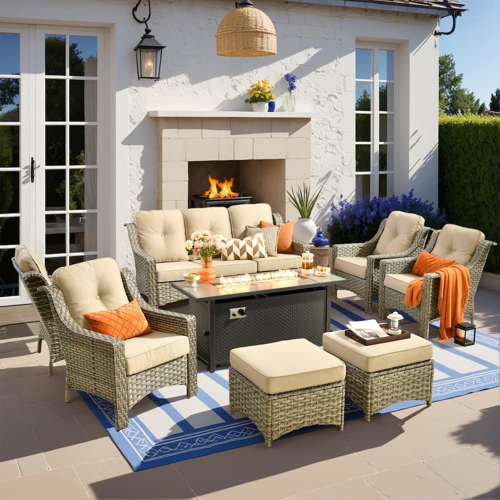 HOOOWOOO 8-piece Wicker Patio Ergonomic Conversation Set with 54" Fire Pit