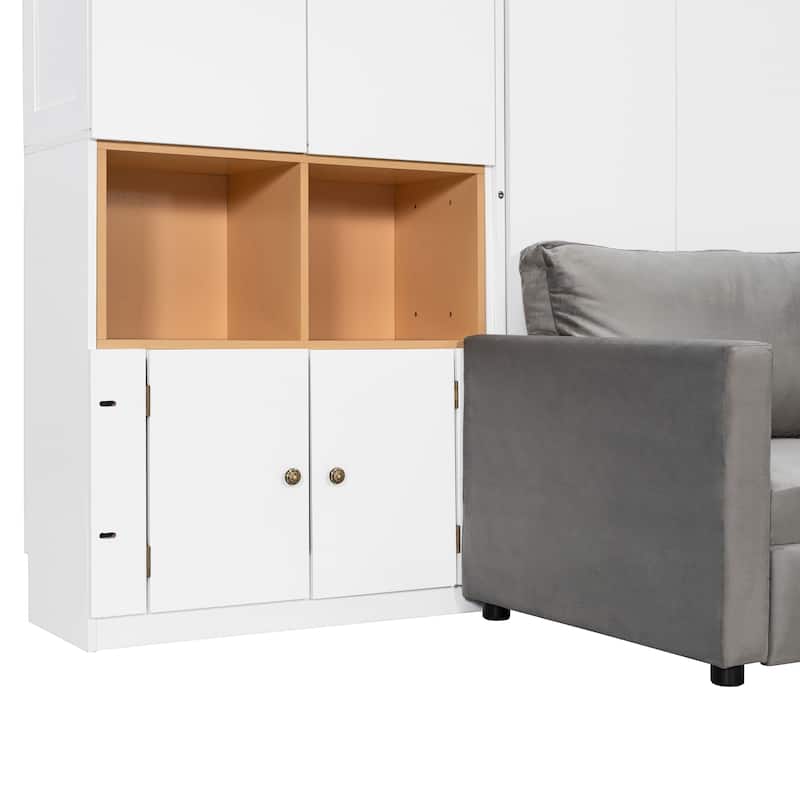 Queen Murphy Bed with Sofa and Cabinets Space Saving Sofa Wall Bed with Open Shelves and Dual Lights for Living Room Guest Room