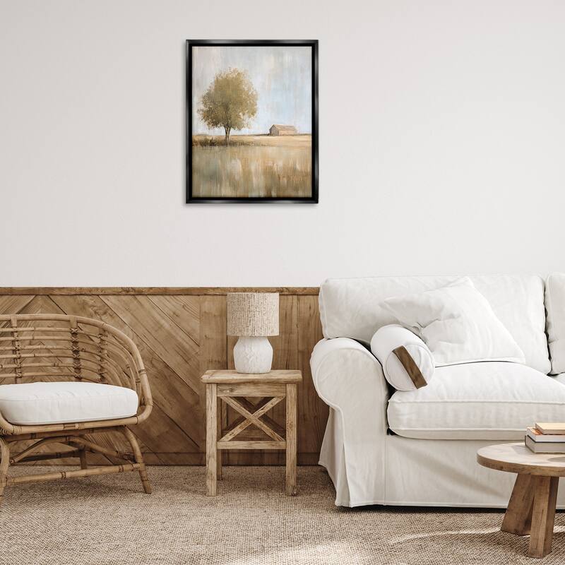 Stupell Distant Barn and Lone Tree Framed Floater Canvas Wall Art Design By Petal Prints Design
