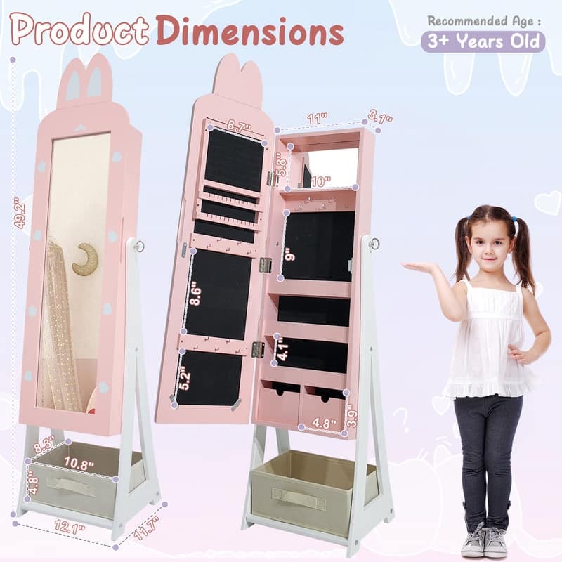 Kids MDF Bunny Jewelry Cabinet In Pink Jewelry Armoire With Mirror, 1 Door And 1 Fabric Drawer