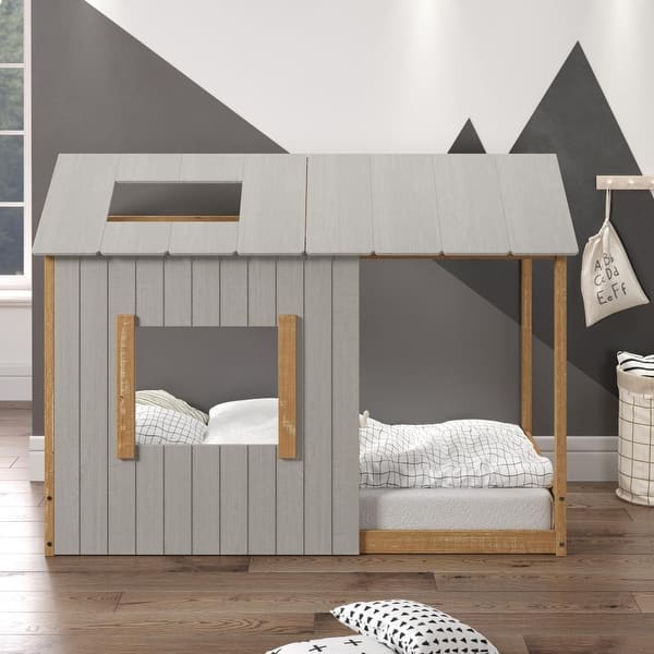 slide 5 of 32, Twin House Floor Bed Natural/Grey