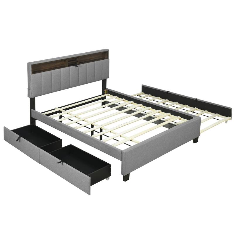 Queen size Upholstered Platform Bed w/ Twin XL Size Trundle & 2 Drawer