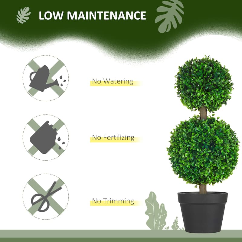 Set of 2 Artificial Boxwood Trees 23.5 Inch Green Ball-Shaped Plants UV-Protected Indoor Outdoor Decorative with Cement Pots