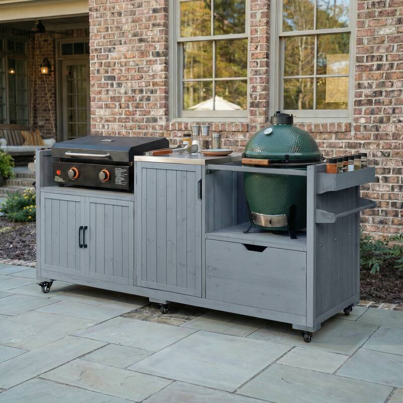 80 Inch Outdoor Kitchen Island with Solid Fir Wood and Stainless Steel Top