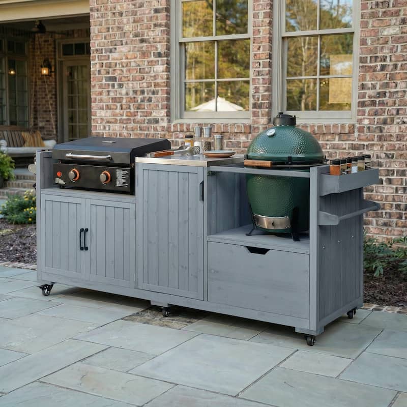 80.5" Solid Wood Outdoor Kitchen Island with Stainless Steel Top, Grill Cart Compatible with Big Green Egg & Blackstone