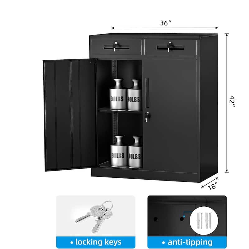 42'' Locking Metal Storage File Cabinet with Drawers and Adjustable Shelves for Home Office, Garage
