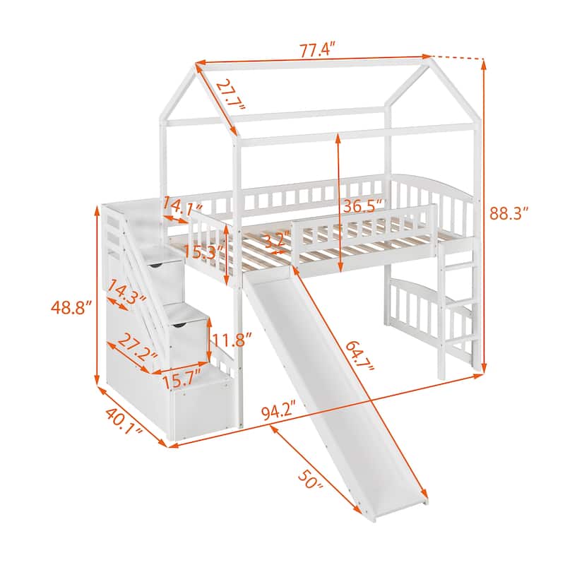 Twin Size Loft Bed with Slide, Storage Steps, and Drawers - Space-Saving Design