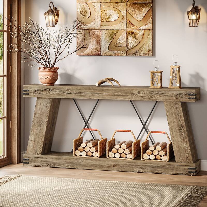 70.9” Farmhouse Console Table, Brown Entryway Table with Storage - Large
