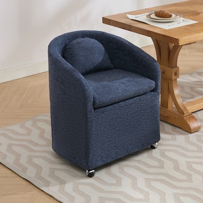Set of 1 Chenille Fabric Dining Armchair With Back Cushion and Universal Wheels,Blue