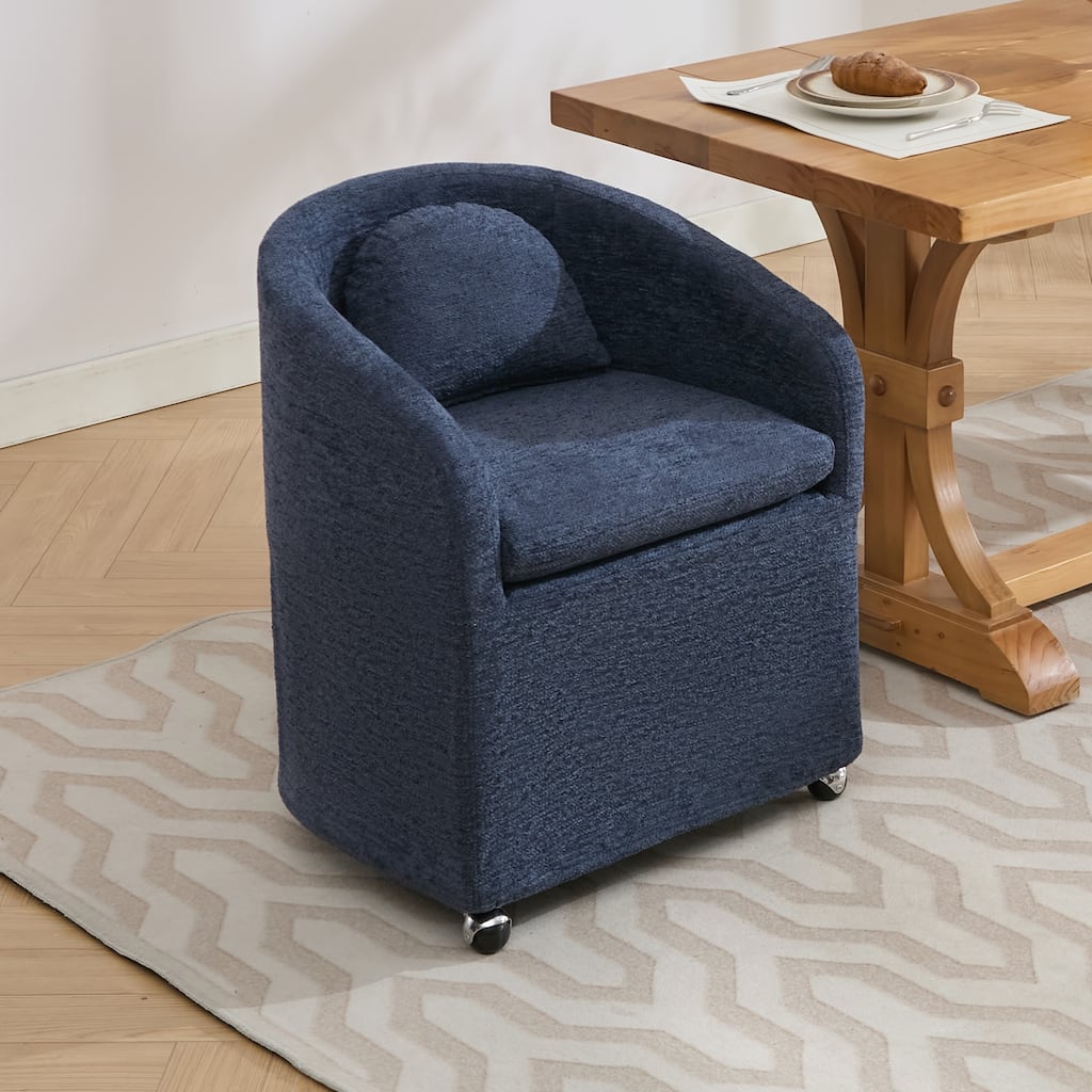 Set of 1 Chenille Fabric Dining Armchair With Back Cushion and Universal Wheels,Blue