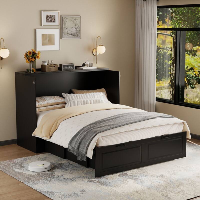 Murphy Bed Cabinet with Charging Port and Storage Drawer, White