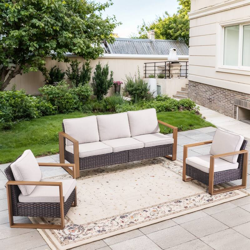 Gymojoy Outdoor Wicker Patio Furniture Sofa Set - 3-Piece Sofa Set - Club Chairs - Brown Wicker / Beige Cusion