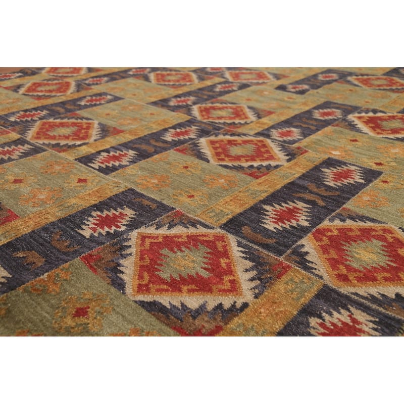 Geometric Kilim Indian Area Rug Flatweave Wool Carpet - 7'7"x 9'11"