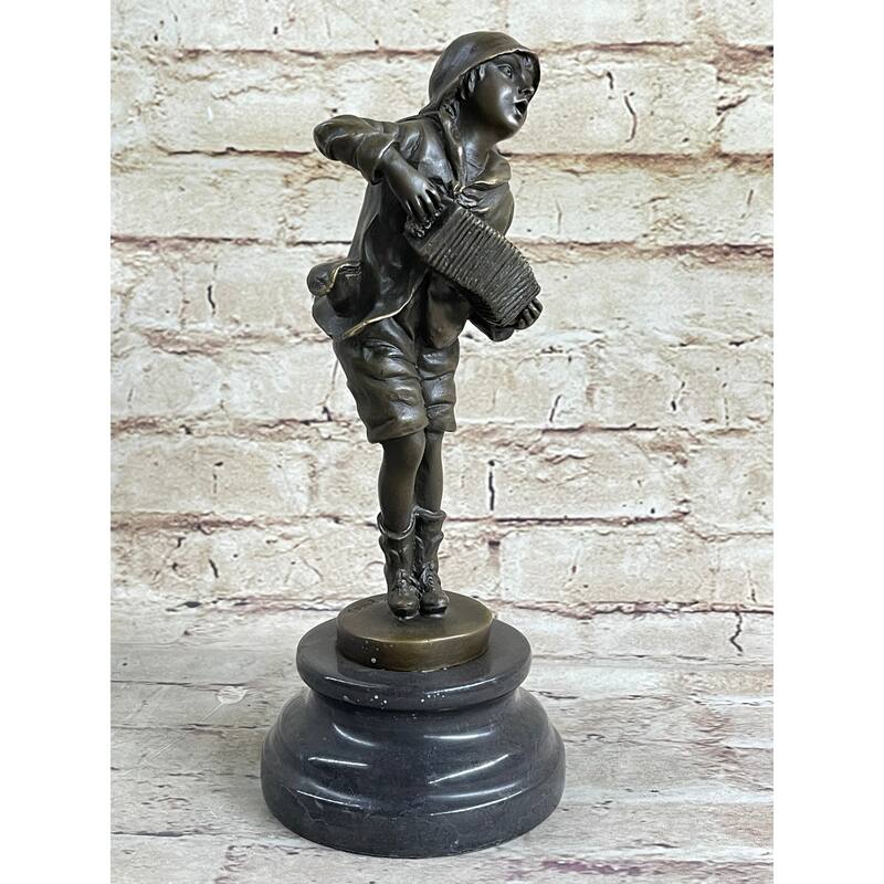 Child Boy Playing Accordion Bronze Statue Sculpture Figure 10 Inches X 4 Inches