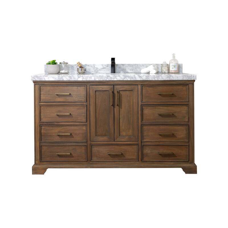 Willow Collections 60 in. W x 22 in. D Charlotte Teak Single Sink Bathroom Solid Teak Vanity with Countertop - 2" Carrara Marble - Grey