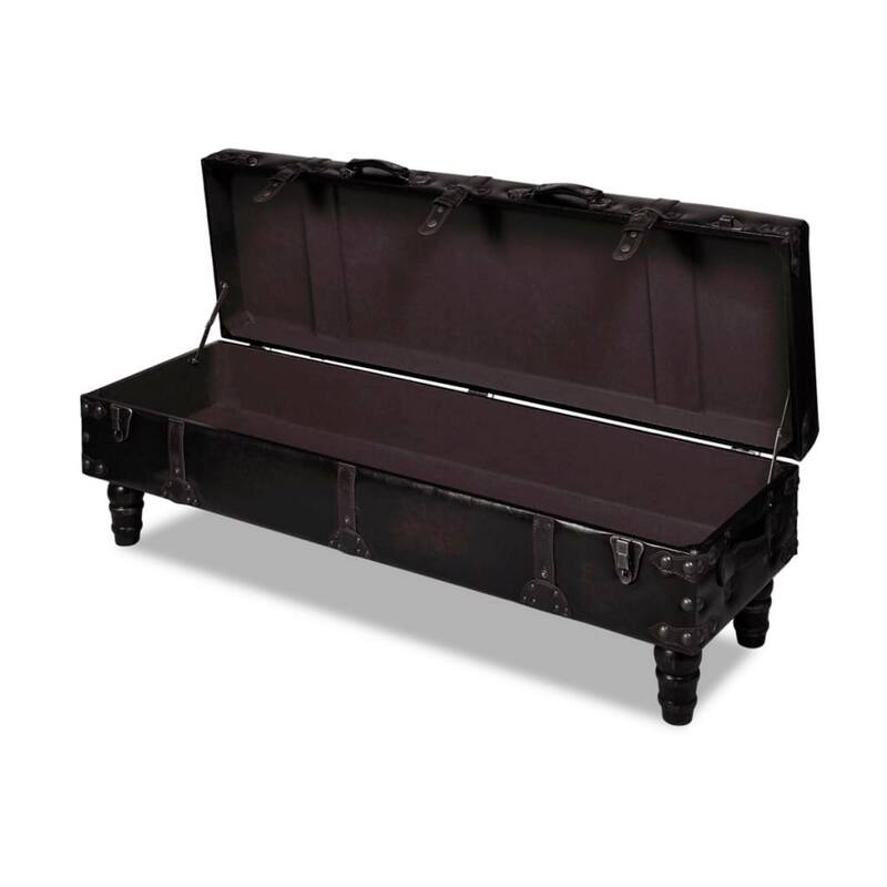 Storage Bench Ottoman, Solid Wood, Black Tufted Faux Leather, 44 Inch