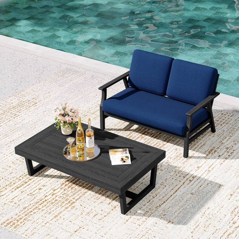 2-Piece Teak Outdoor Loveseat Set with Table. - Black Wood - Navy/coffee table