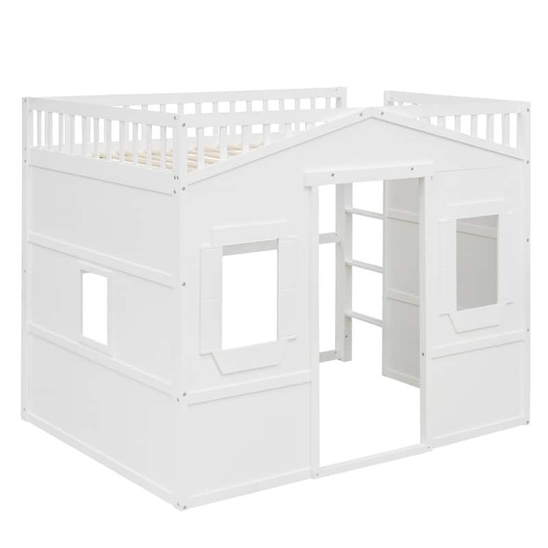 Solid Wood House Loft Bed with Window Design and Ladder, Twin/Full Size Playhouse Bed Loft Bed Frame with Guardrail for Kids