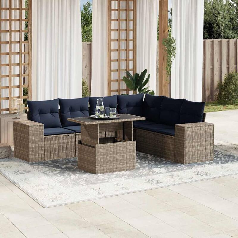 vidaXL Patio Sofa Set with Cushions Table and Couches 7 Piece Poly Rattan - 24.4" x 24.4" x 27.2" - Gray