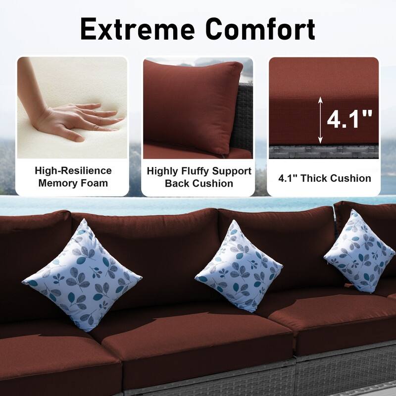 7 Piece Outdoor Sectional Modular Wicker Patio Conversation Set with 43'' Fire Pit Table and Cushion