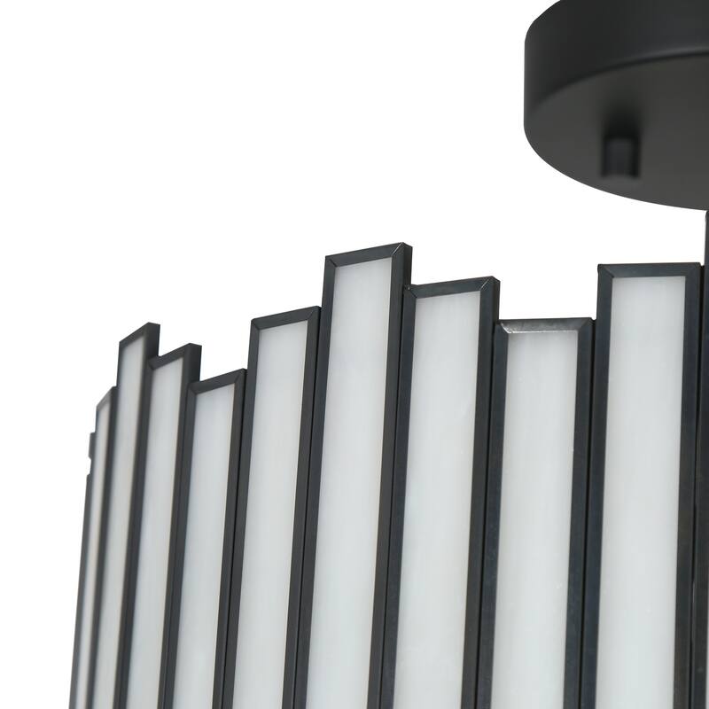 Tirie Mid-Century Modern Black 3-Light Colored Glass Drum Semi Flush Mount Ceiling Light - D 14.2" x H 15.3"