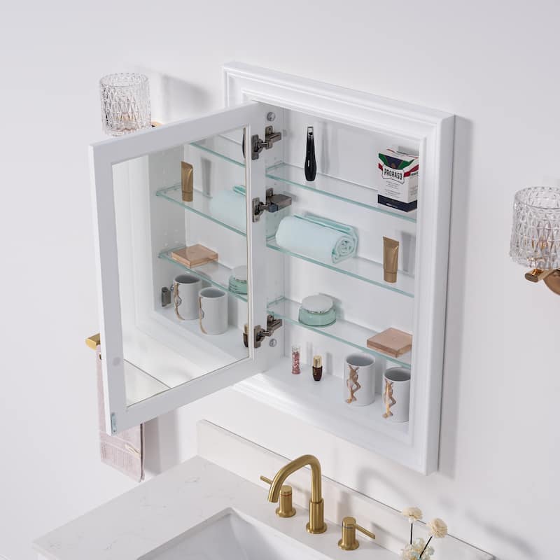 32''H Recessed Mount Solid Wood Framed Medicine Cabinet With Mirror and Shelves