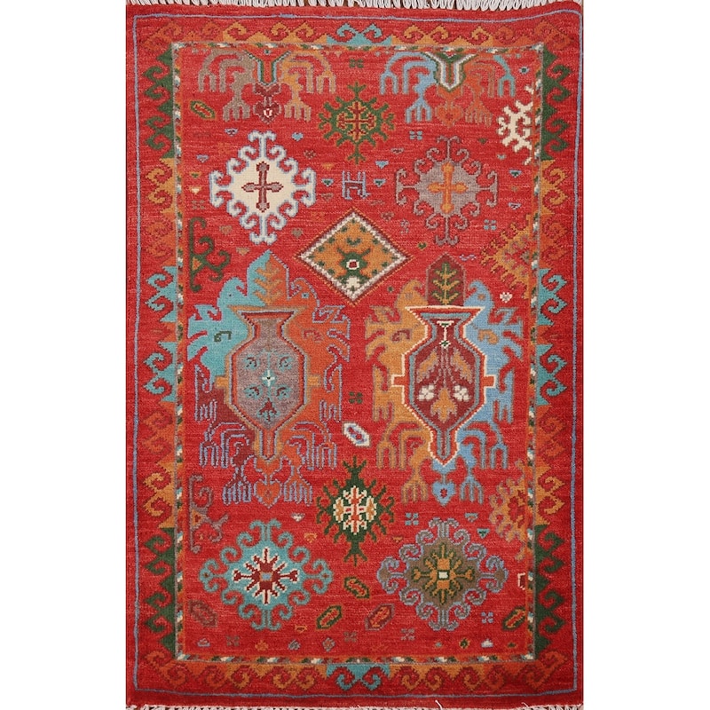 Geometric Red Kazak Oriental Foyer Rug Handmade Wool Carpet - 2'0"x 3'0"