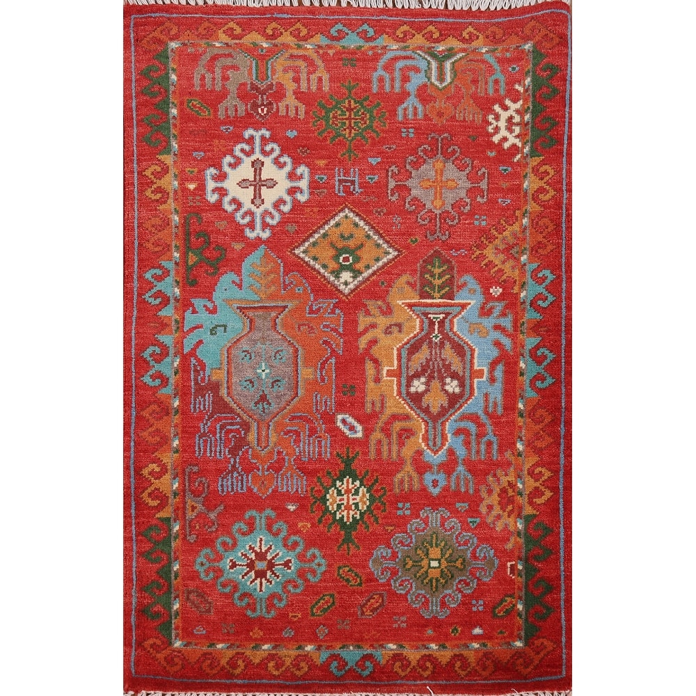 Geometric Red Kazak Oriental Foyer Rug Handmade Wool Carpet - 2'0"x 3'0"