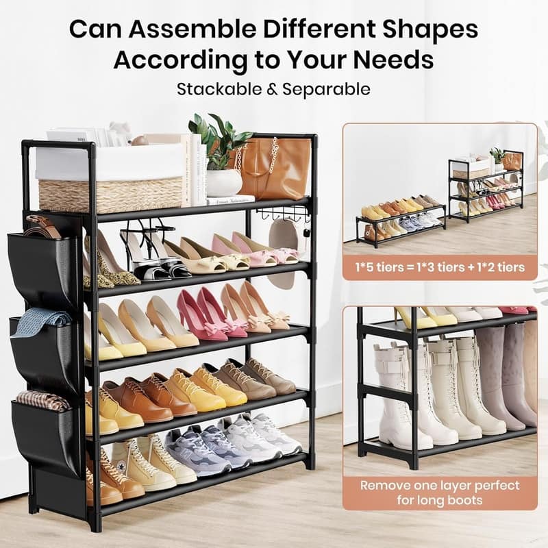 5 Tier Shoe Rack with Hook and Side Pocket - 11.2"D x 33.5"W x 35.6"H