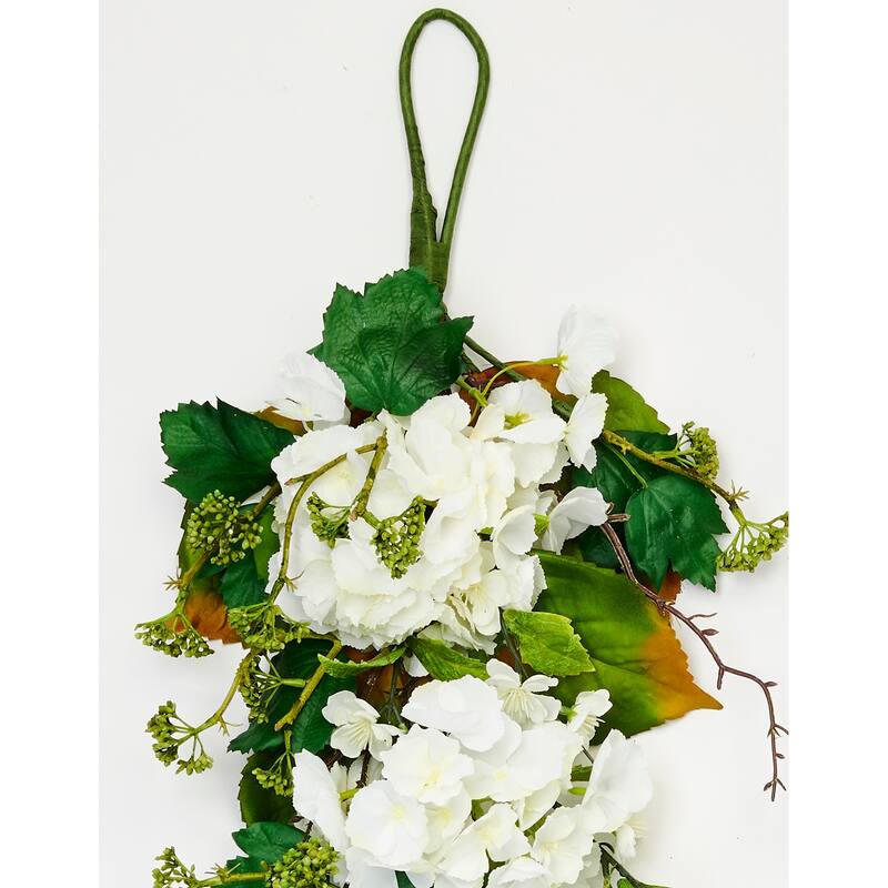 35" White Hydrangea and Green Leaves Teardrop - 35
