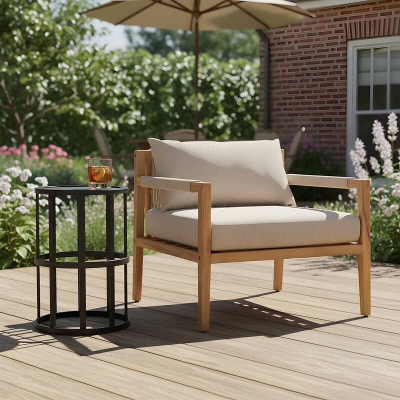 Christopher Knight Home - Outdoor Acacia Wood Club Chair with Side Table - 1 Table + 1 Club Chair - Beige + Grey + Black