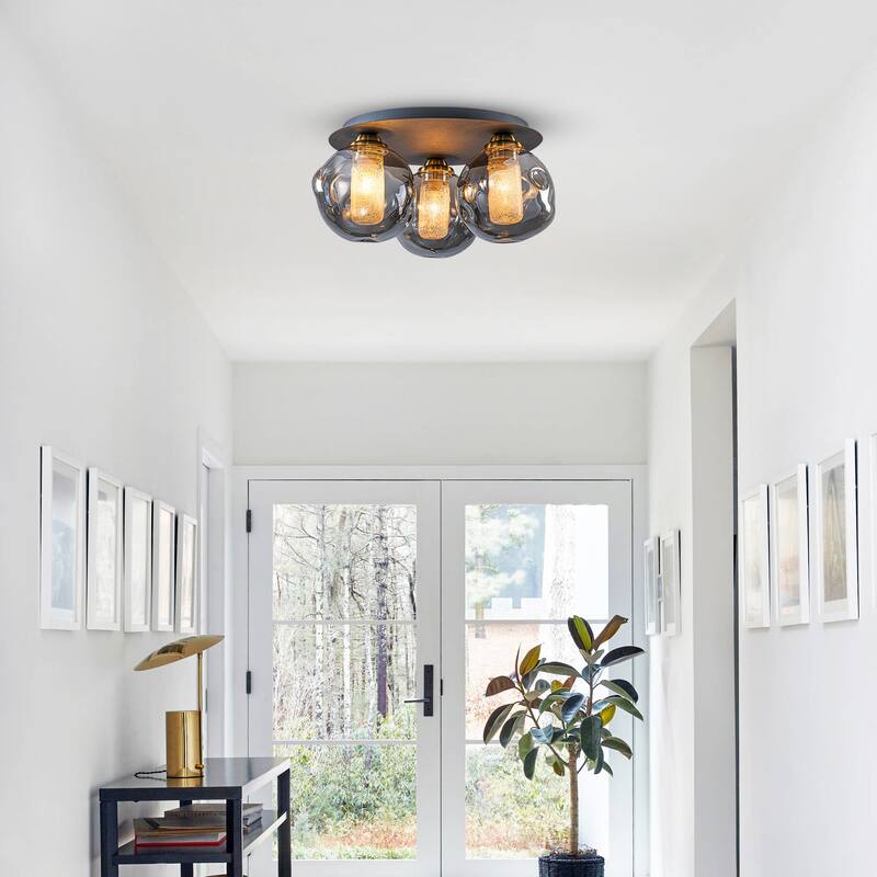 3 Lights Black Flush Mount Ceiling Light with Smoked Glass Shades - Dia.15.74-in