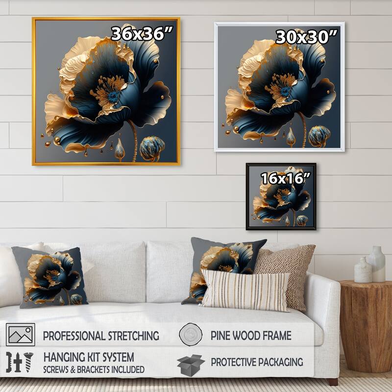 Designart "Deep Blue And Gold Single Flower IV" Floral & Botanical Framed Canvas Art Print