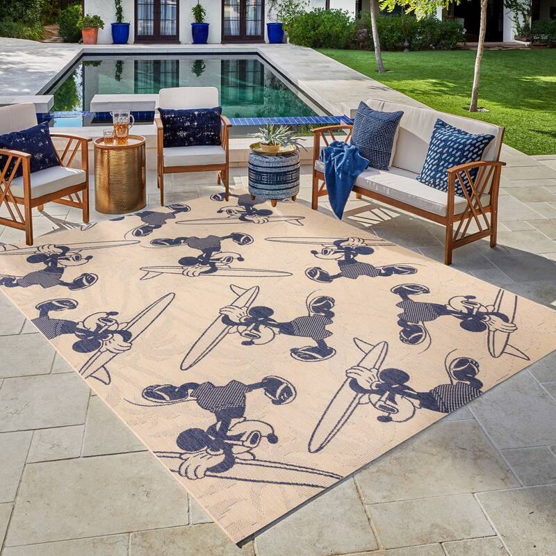 Disney Licensed Mickey Mouse Indoor Outdoor Flatweave Area Rug Tropical Surfing Polypropylene Coastal Accent Rug