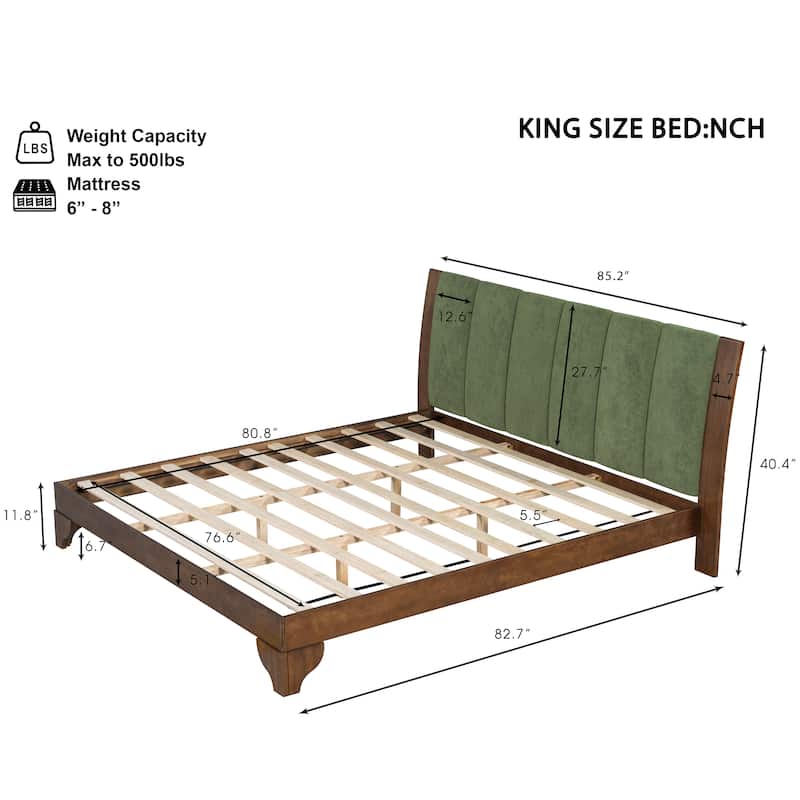 Pine Wood Bed Frame Mid Century Modern Platform Bed with Green Upholstered Headboard, Wood Slat Support Low Profile Wingback Bed