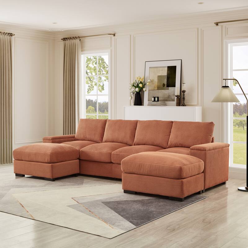 122" Corduroy U-Shaped Sleeper Sectional Sofa with Ottomans & Storage - Orange