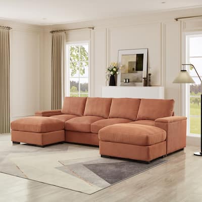 4-Deep Seat Corduroy Sectional Sofa Couch with 2 Ottomans