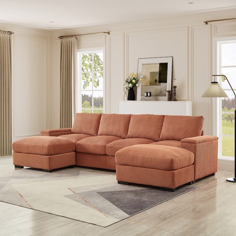 Symmetrical U-shaped Sectional Sofa Corduroy Sleeper Couch with Storage Armrests and Deep Seating, 4 Seat & 2 Ottomans Set