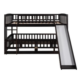 Full Over Full Wooden Low Bunk Bed,Fence and Ladder for Toddler Kids