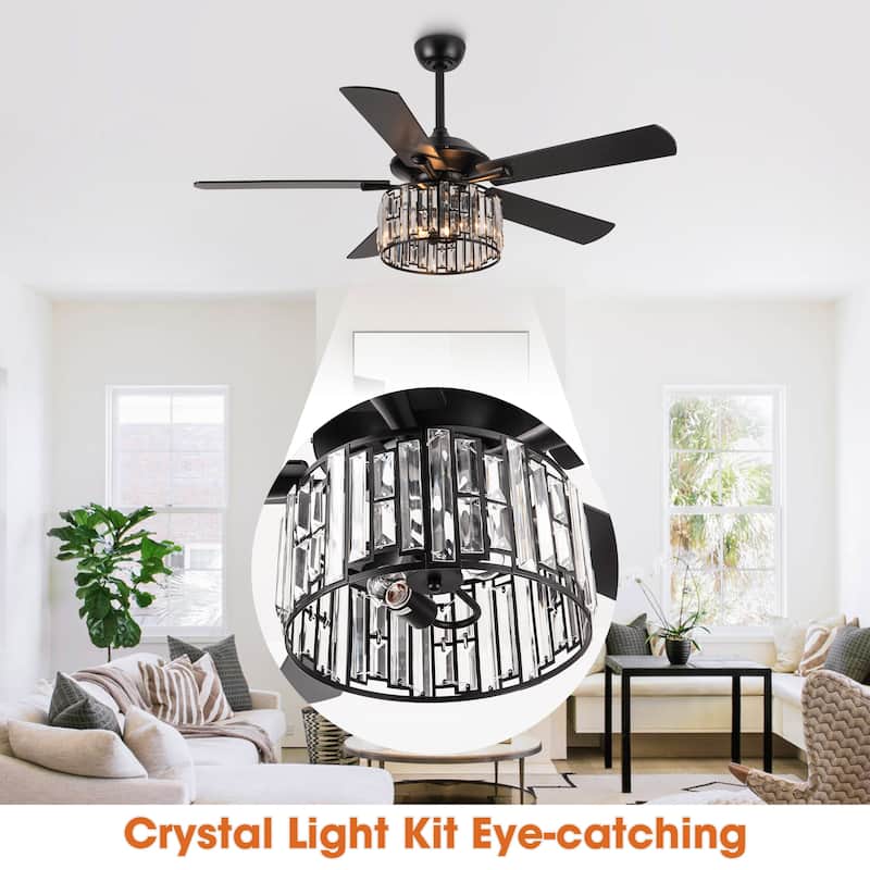 52" Black Wood Modern Crystal Indoor Ceiling Fan Chandelier with Remote