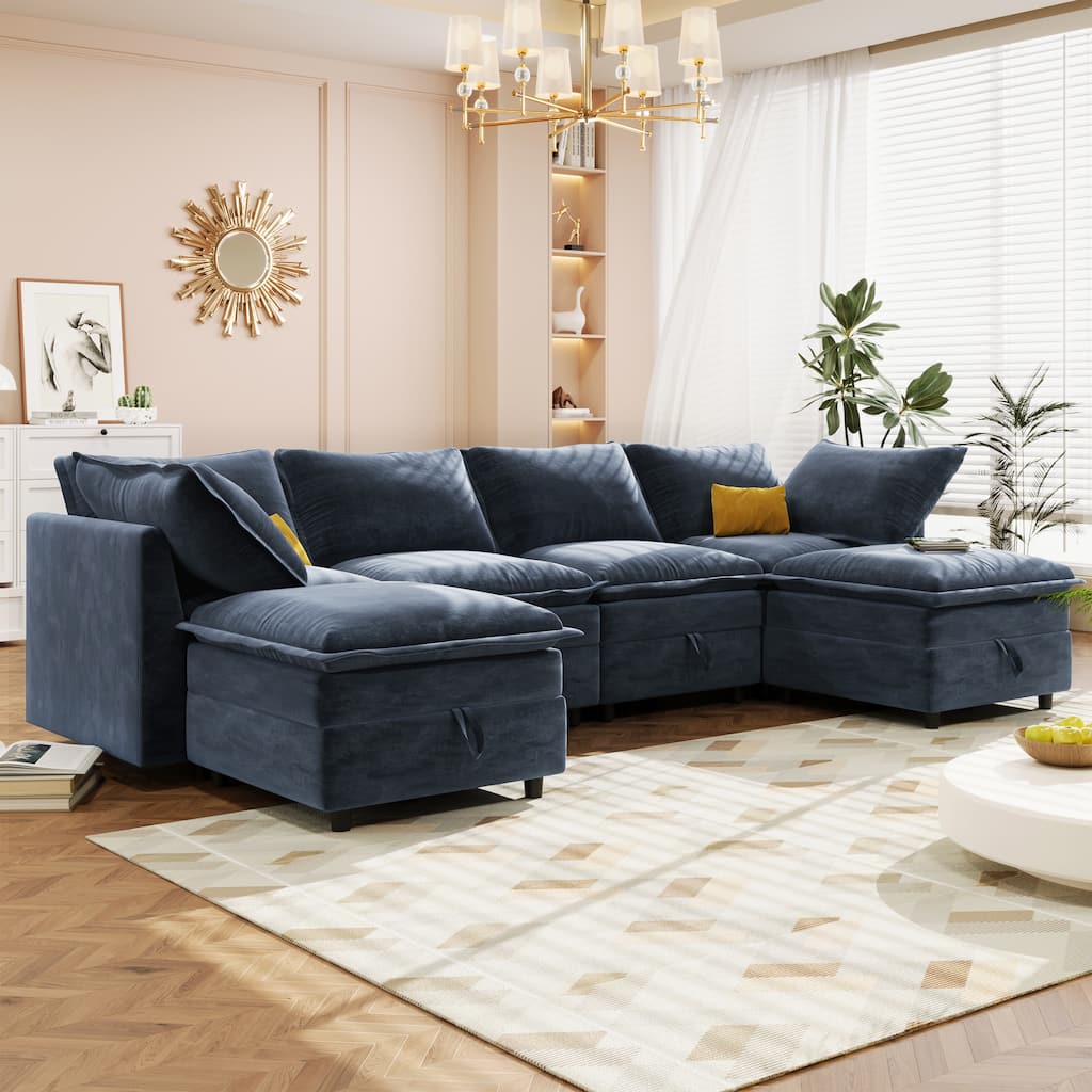 Modular Sectional Sofa Convertible U / L Shaped Couch Set with Storage Seat and Movable Ottomans ,126" Upholstered Couch