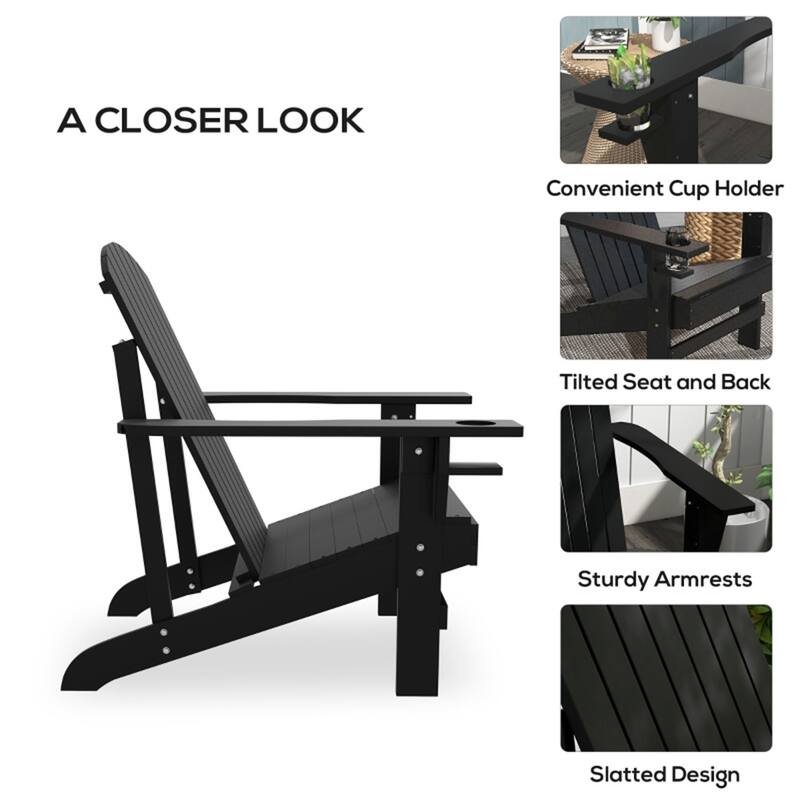 Comfortable Fir Wood Adirondack Chair with Tilt Slatted Back and Wide Armrests and Cup Holder - 28.5" W x 38.2" D x 36.6" H