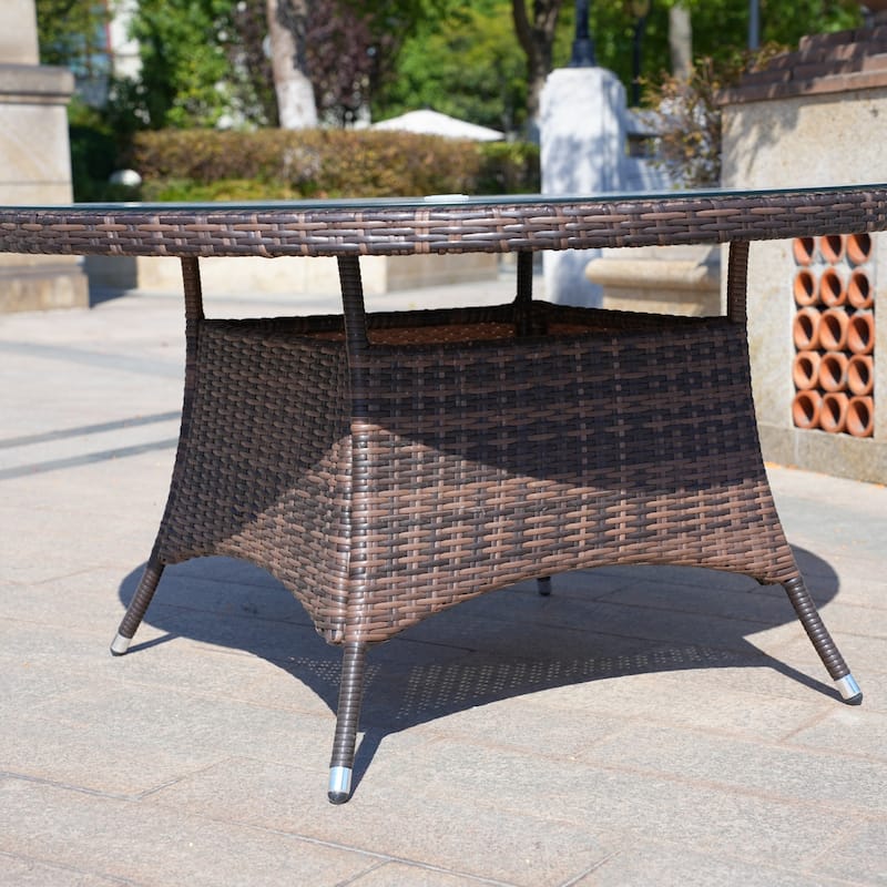 All-Weather Aluminum Woven Rattan Round Dining Table with Umbrella Hole and Tempered Glass Top